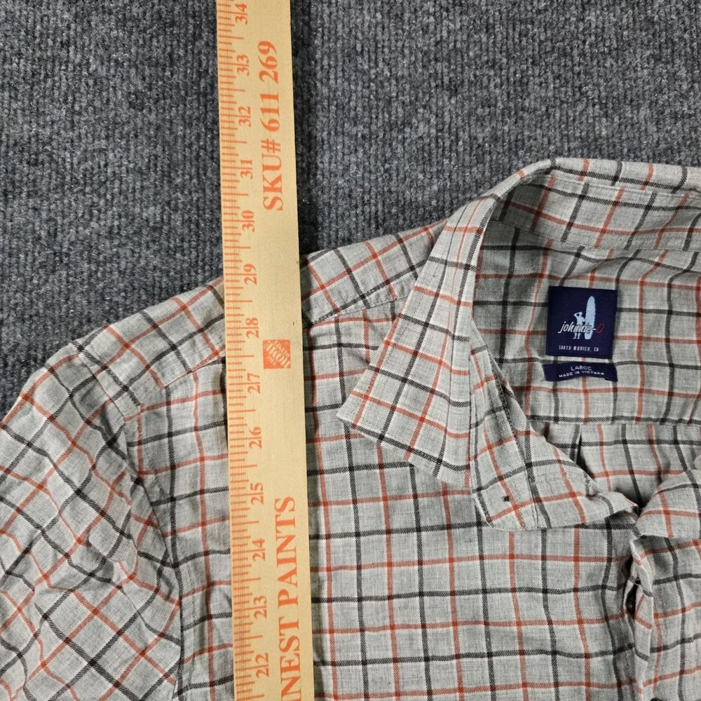 Johnnie-O Mens Large Plaid Button Down Shirt Gray Orange Long Sleeve Surfer Logo